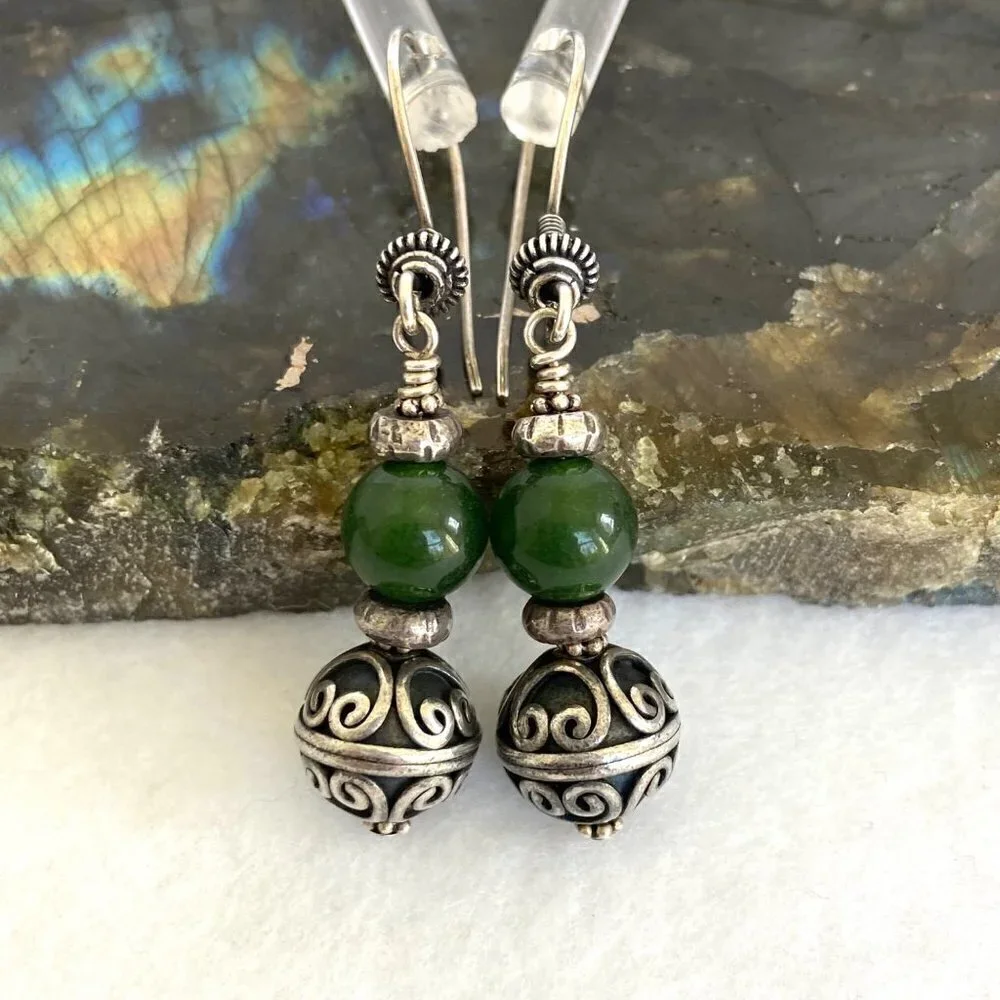 Sterling Silver 925 Round Beaded Nephrite Oxidized Scrollwork Dangle Earrings